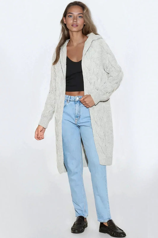 Silver Grey Hooded Cable Knitted Longline Cardigan by Aftershock London