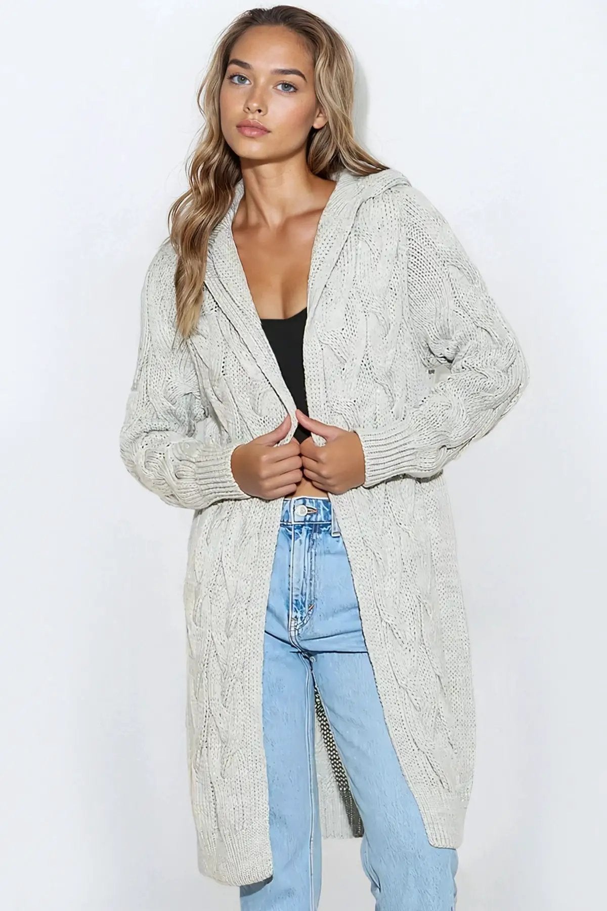 Silver Grey Hooded Cable Knitted Longline Cardigan by Aftershock London