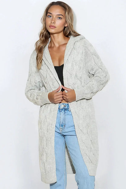 Silver Grey Hooded Cable Knitted Longline Cardigan by Aftershock London