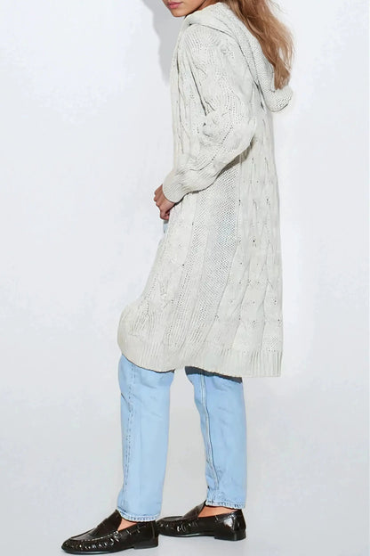 Silver Grey Hooded Cable Knitted Longline Cardigan by Aftershock London