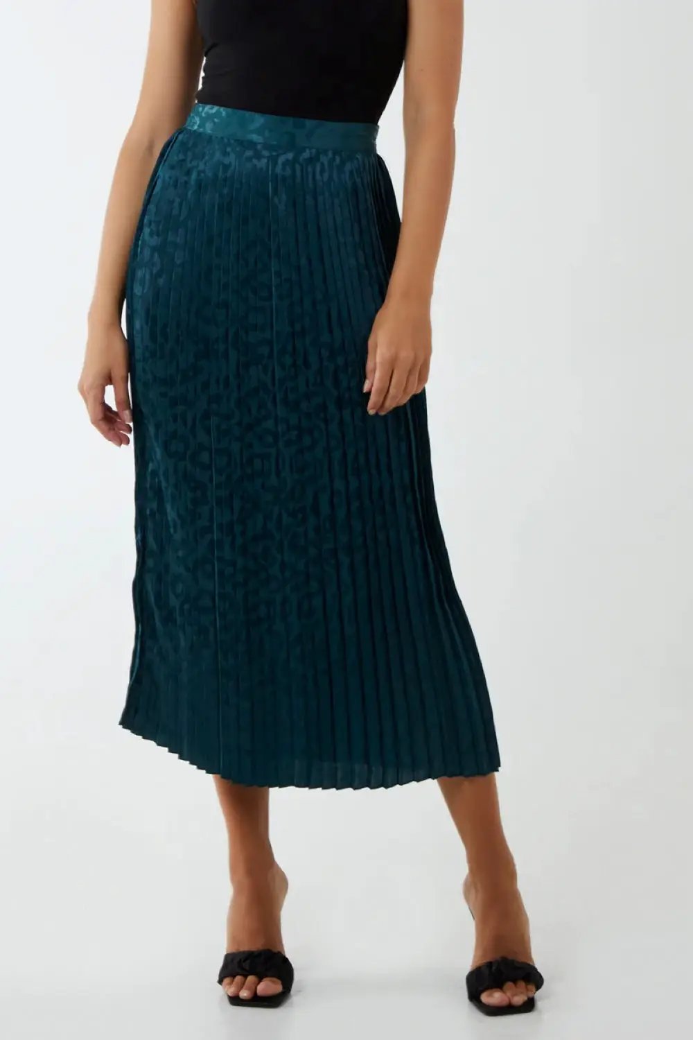 Green Leopard Print Pleated Midi Skirt by Aftershock London