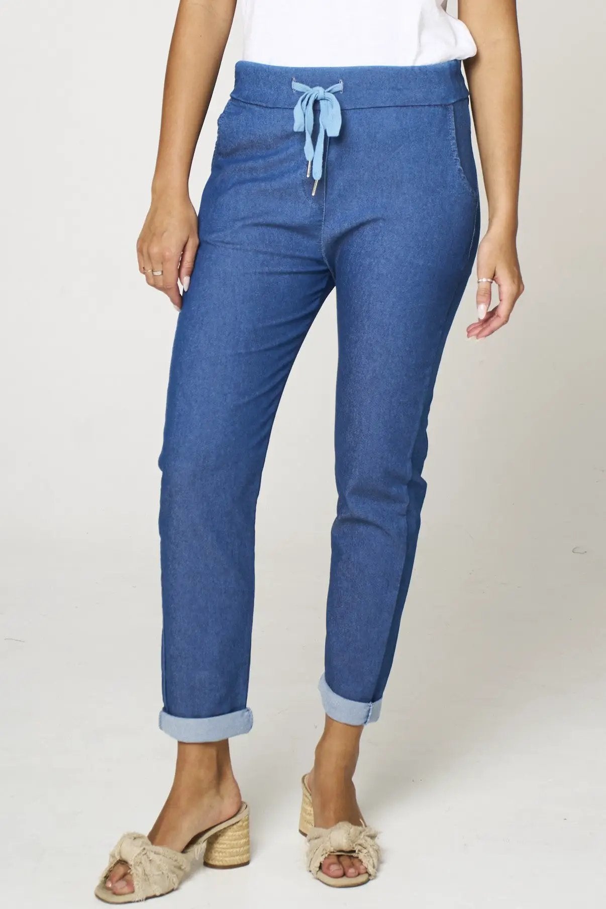 Denim Blue Stretch Drawstring Trousers by Aftershock London