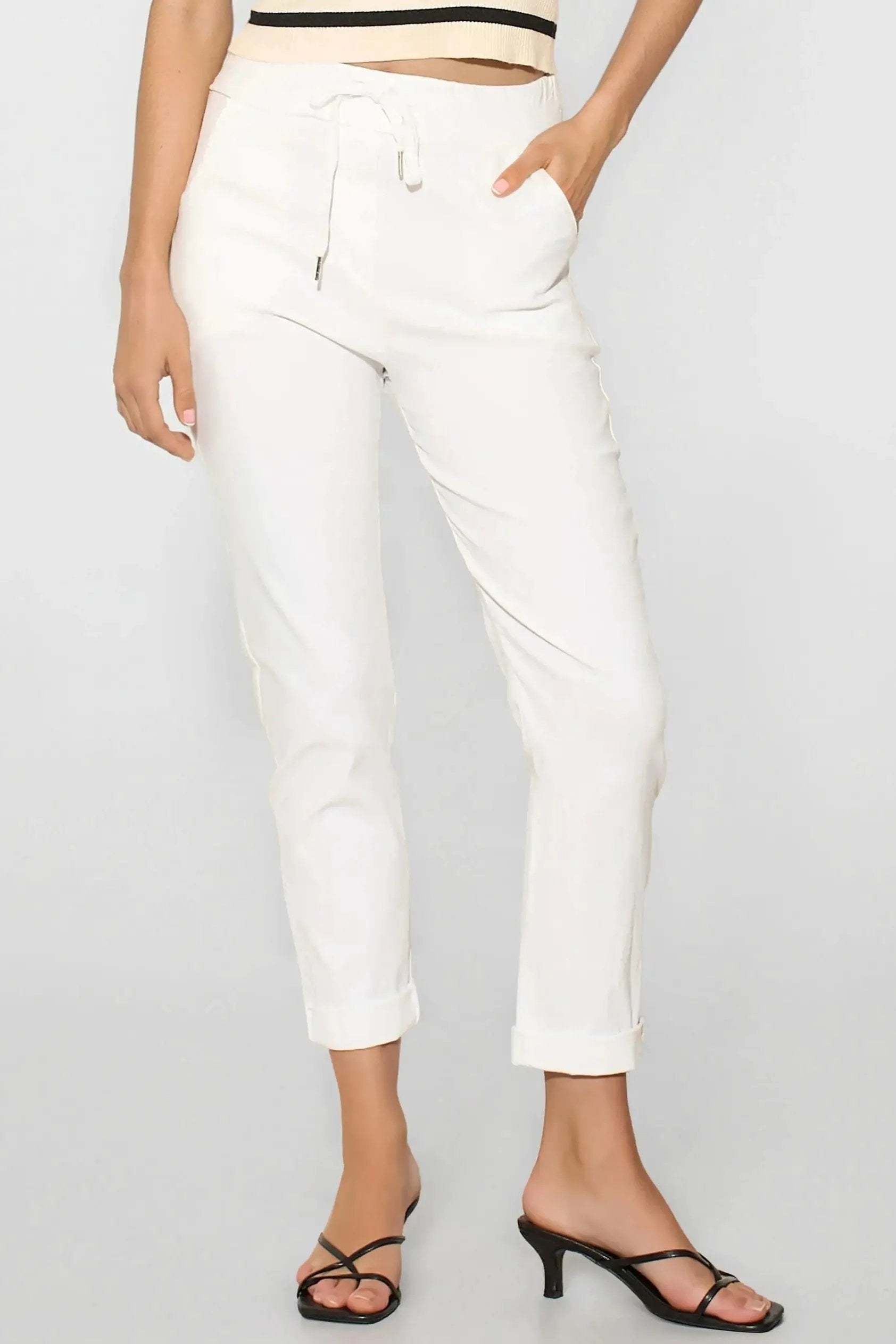 White Stretch Drawstring Trousers by Aftershock London