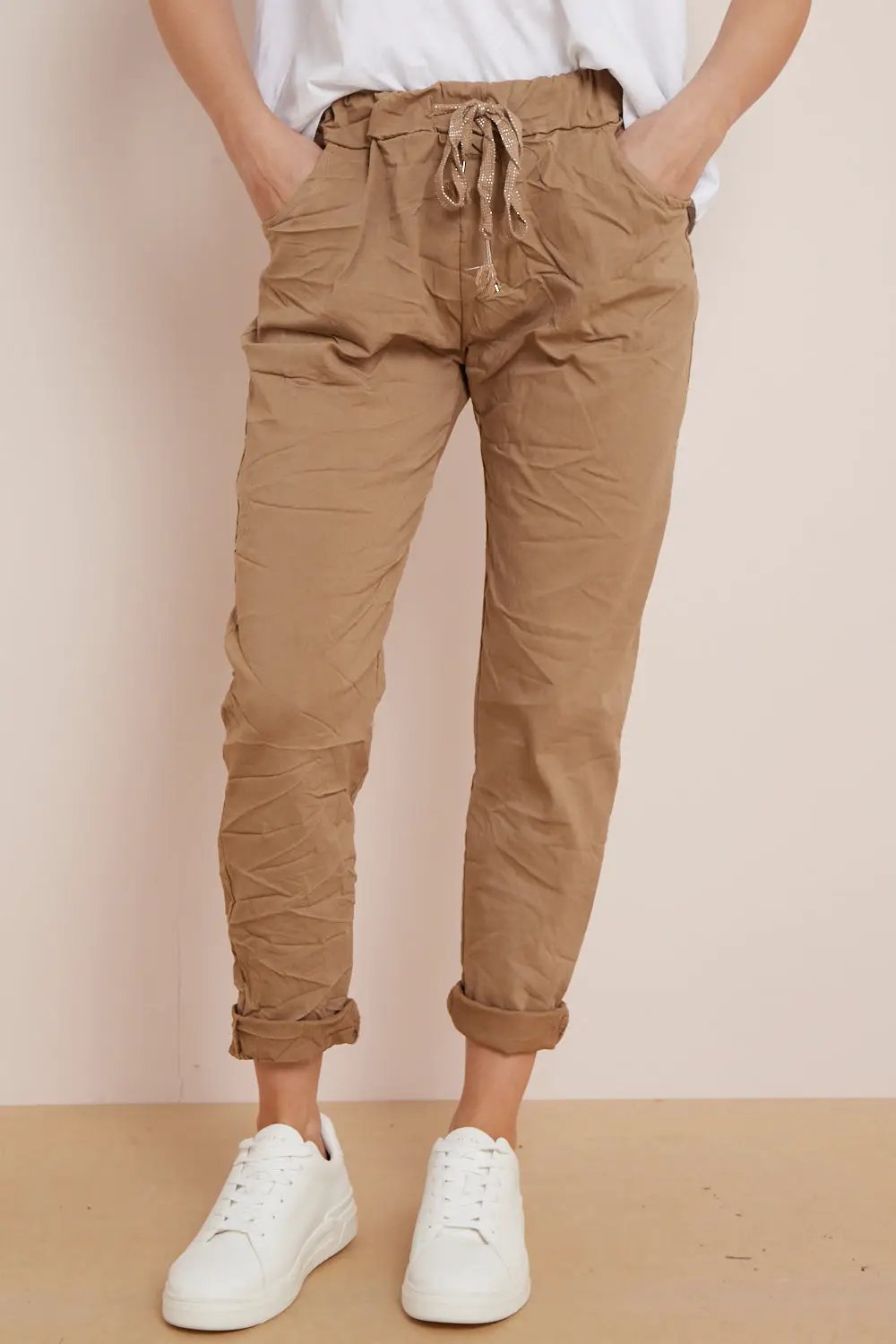 Camel Magic Drawstring Trousers by Aftershock London