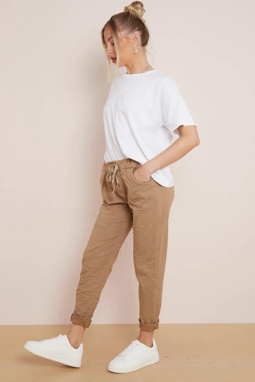 Camel Magic Drawstring Trousers by Aftershock London