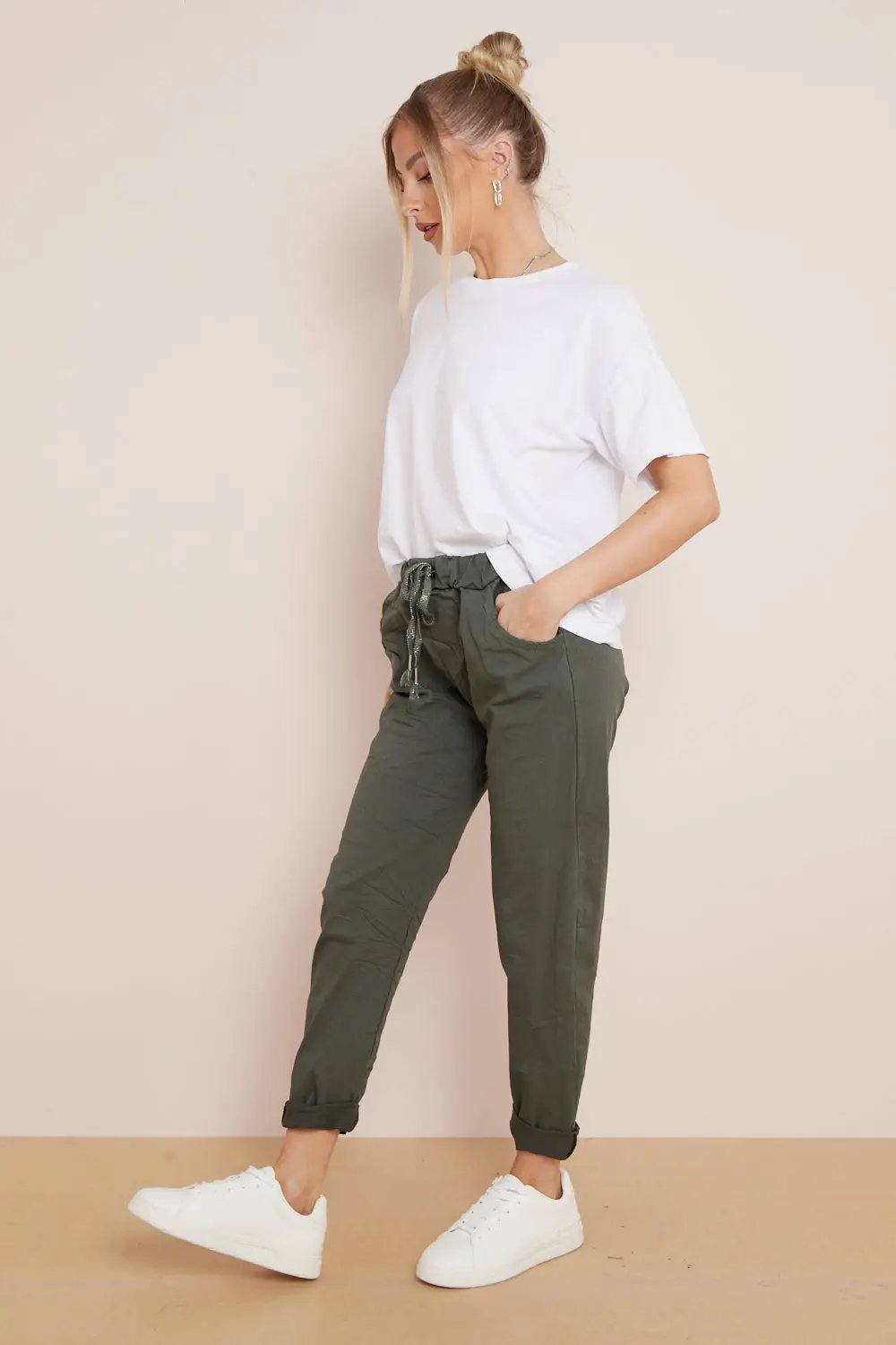 Khaki Magic Drawstring Trousers by Aftershock London
