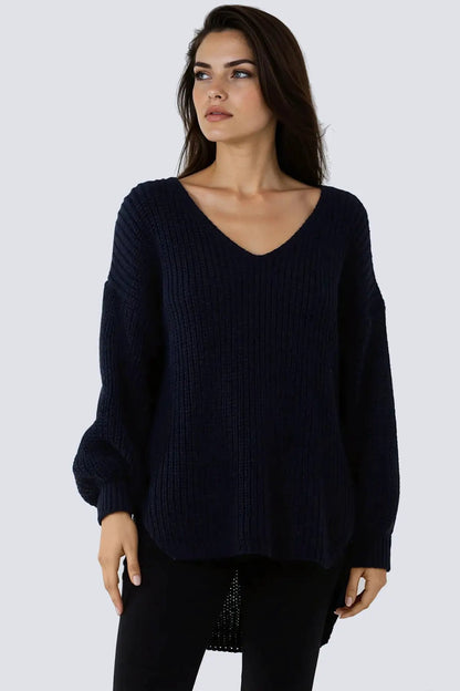 Navy Oversized V-Neck Chunky Knit Jumper by Aftershock London