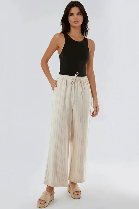 Beige Linen Blend Pin Striped Wide Leg Trousers by Aftershock London