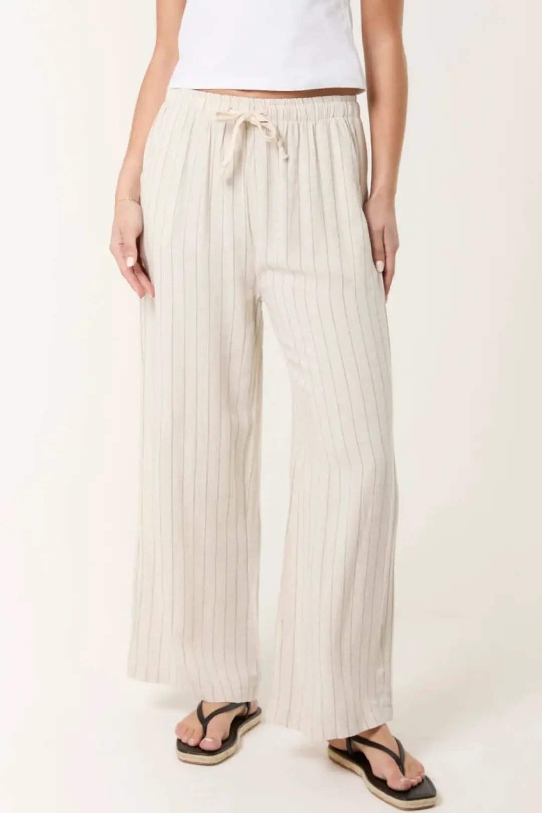 Beige Linen Blend Pin Striped Wide Leg Trousers by Aftershock London
