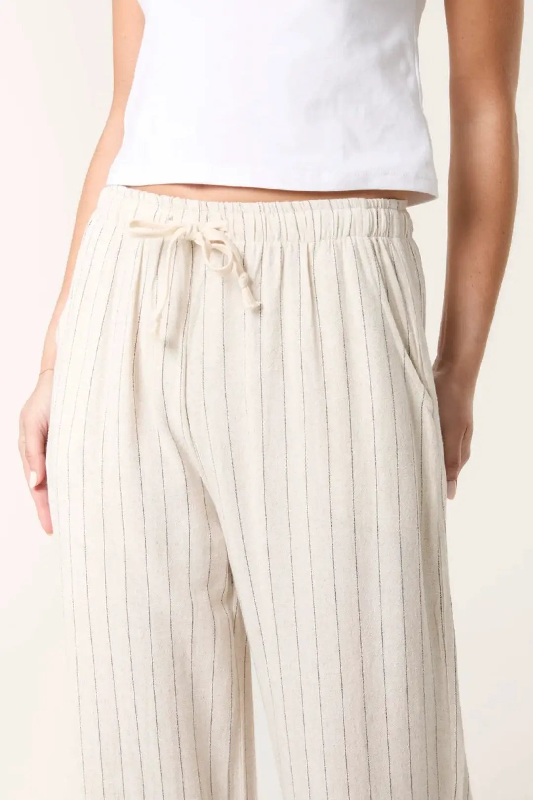 Beige Linen Blend Pin Striped Wide Leg Trousers by Aftershock London