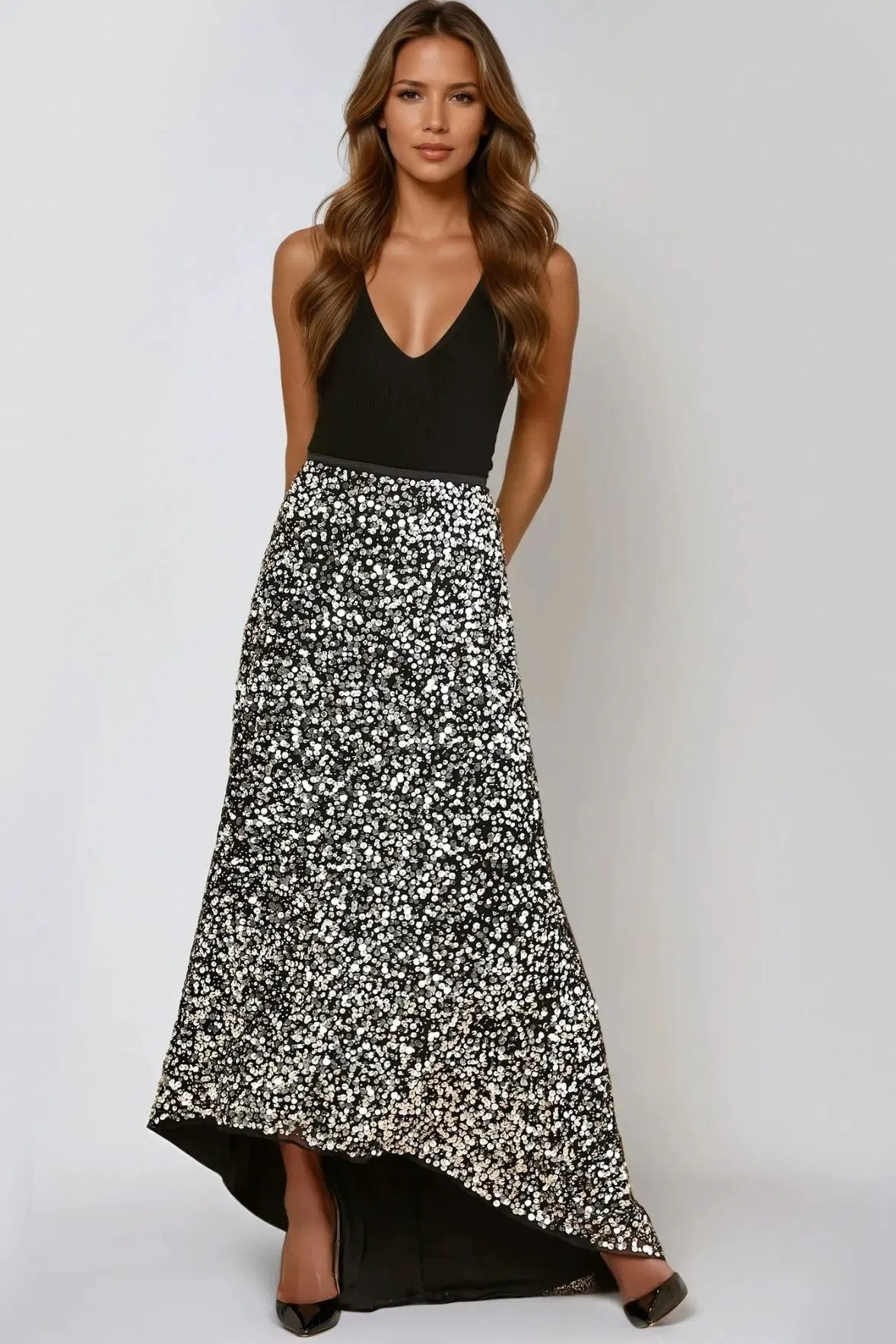 Black and Silver Sequin Maxi Skirt by Aftershock London