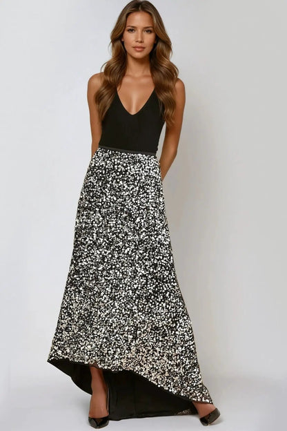 Black and Silver Sequin Maxi Skirt by Aftershock London