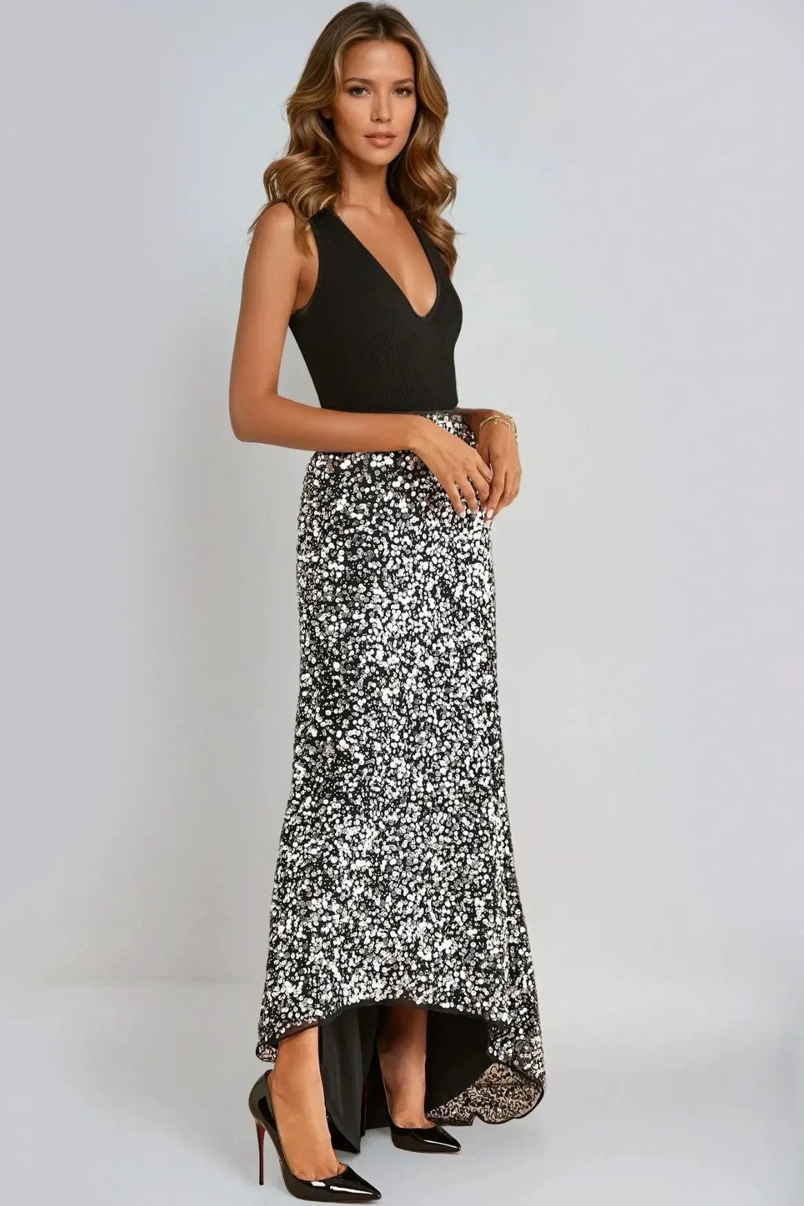 Black and Silver Sequin Maxi Skirt by Aftershock London