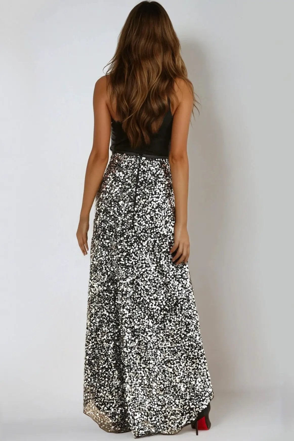 Black and Silver Sequin Maxi Skirt by Aftershock London
