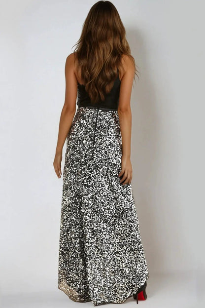 Black and Silver Sequin Maxi Skirt by Aftershock London