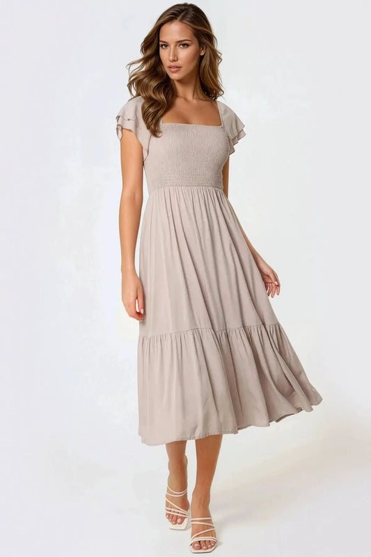 Beige Smock Midi Dress by Aftershock London