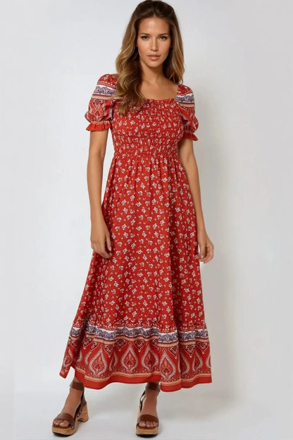 Orange Floral Puff Sleeve Shirred Maxi Dress by Aftershock London