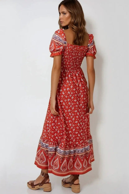 Orange Floral Puff Sleeve Shirred Maxi Dress by Aftershock London