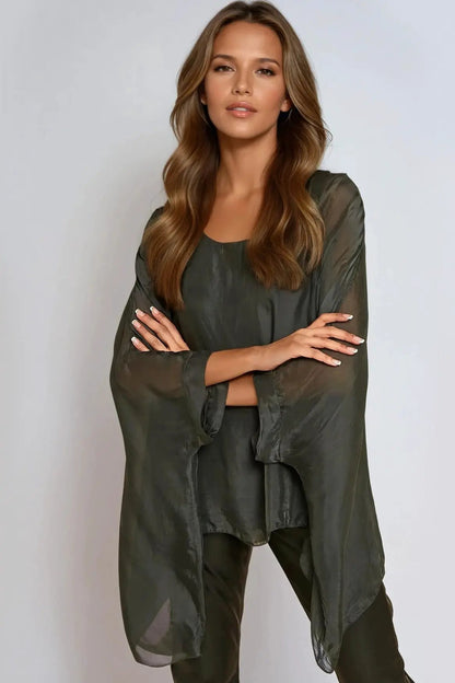 Charcoal Silk Batwing Sleeve Round Neck Blouse by Aftershock London