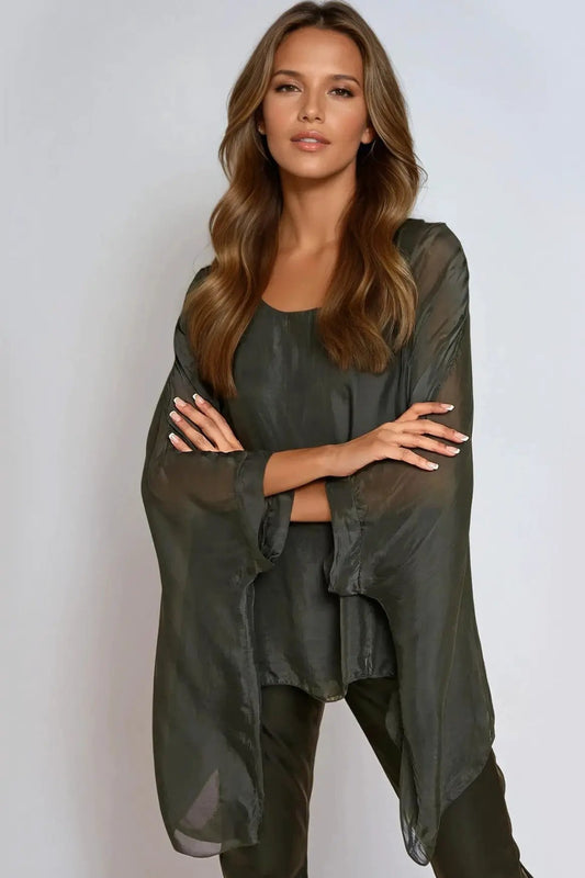 Charcoal Silk Batwing Sleeve Round Neck Blouse by Aftershock London
