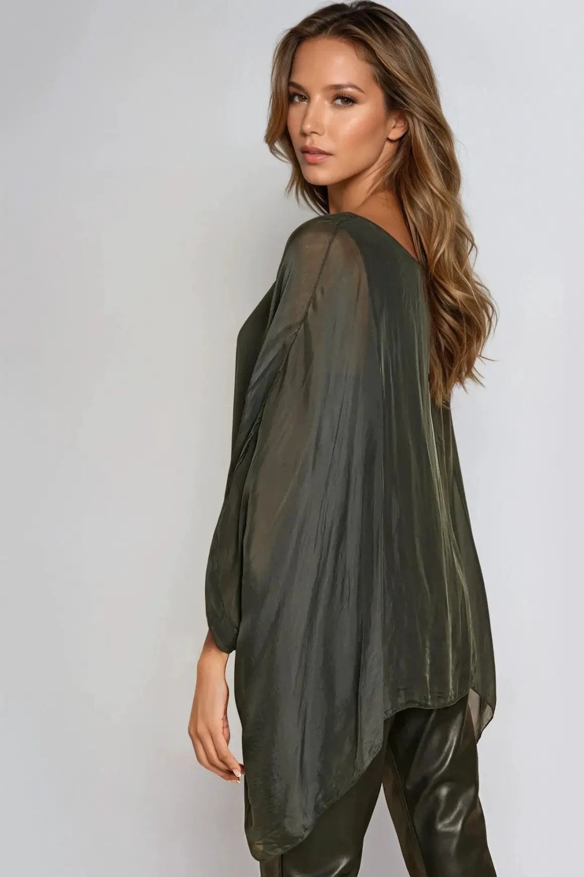 Charcoal Silk Batwing Sleeve Round Neck Blouse by Aftershock London