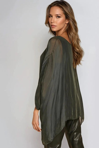 Charcoal Silk Batwing Sleeve Round Neck Blouse by Aftershock London