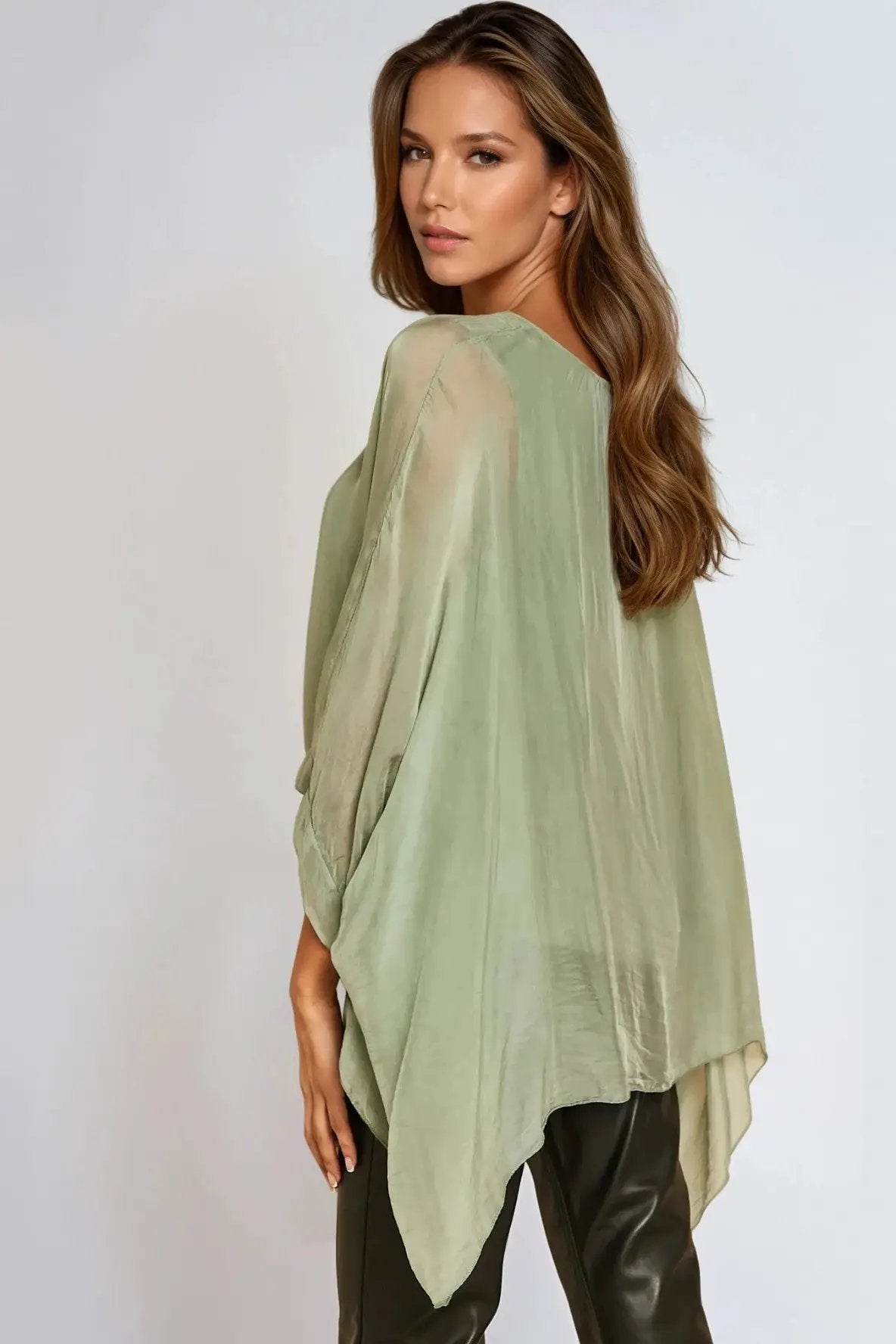 Khaki Silk Batwing Sleeve Round Neck Blouse by Aftershock London