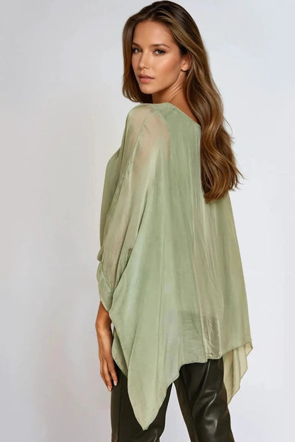 Khaki Silk Batwing Sleeve Round Neck Blouse by Aftershock London