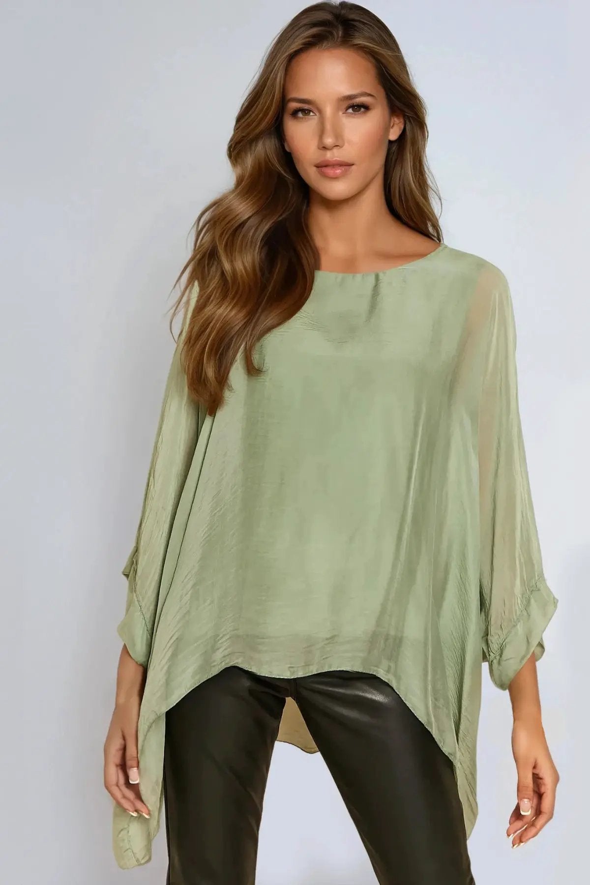 Khaki Silk Batwing Sleeve Round Neck Blouse by Aftershock London