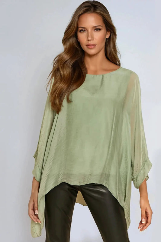 Khaki Silk Batwing Sleeve Round Neck Blouse by Aftershock London
