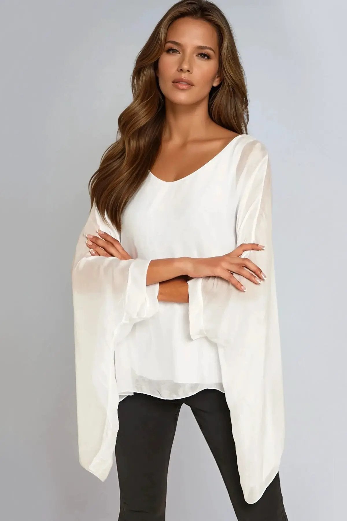 White Silk Batwing Sleeve Round Neck Blouse by Aftershock London