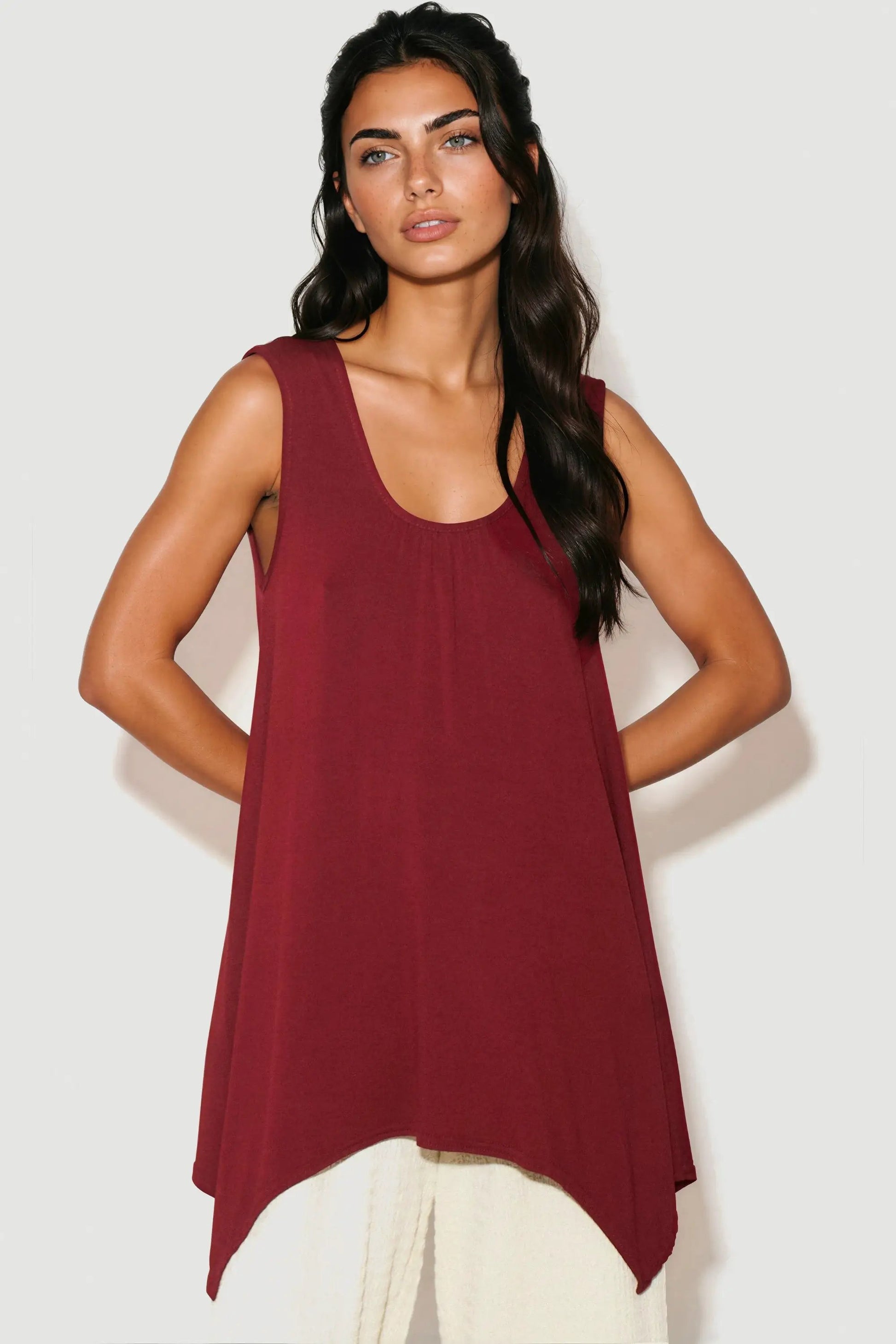 Wine Sleeveless Top With Asymmetric Hem by Aftershock London