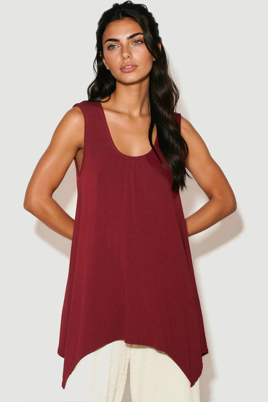 Wine Sleeveless Top With Asymmetric Hem by Aftershock London