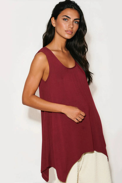 Wine Sleeveless Top With Asymmetric Hem by Aftershock London