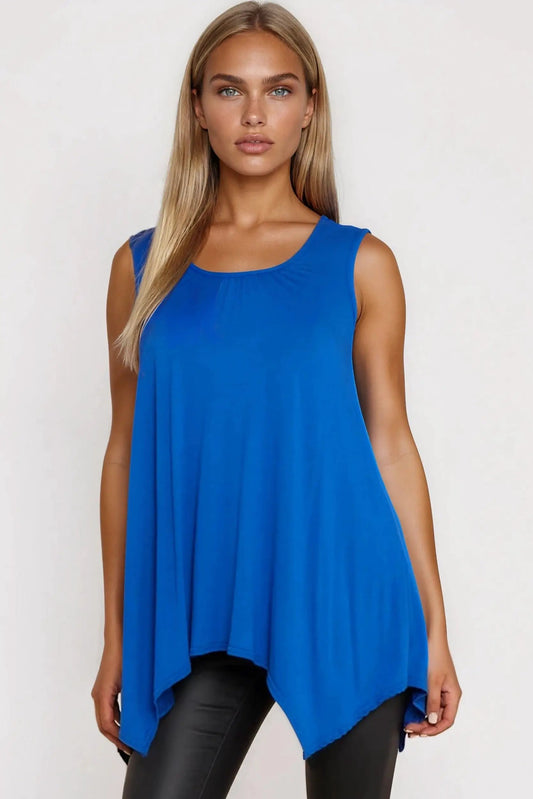 Royal Blue Sleeveless Top With Asymmetric Hem by Aftershock London