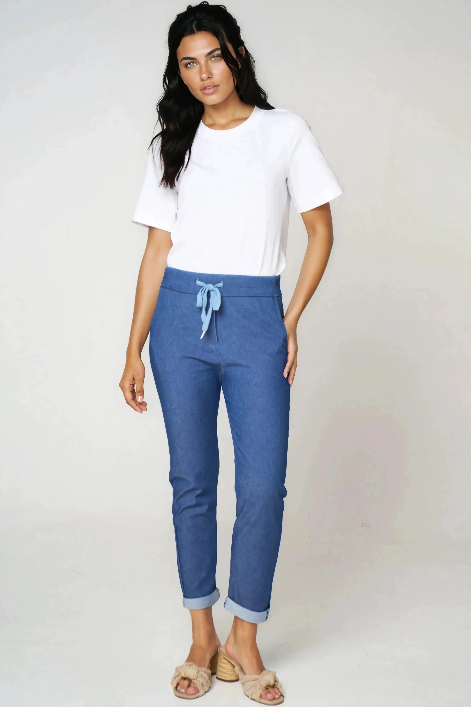 Denim Blue Stretch Drawstring Trousers by Aftershock London