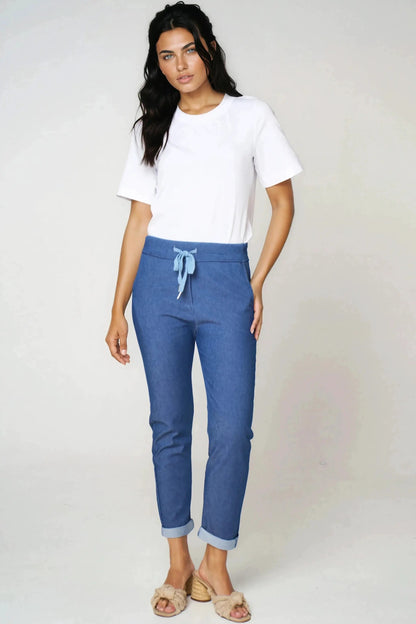 Denim Blue Stretch Drawstring Trousers by Aftershock London