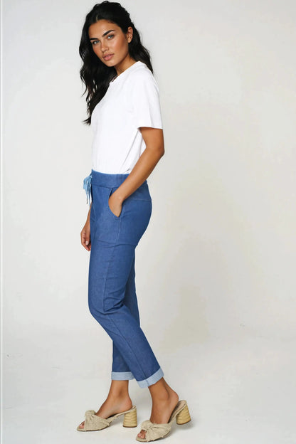 Denim Blue Stretch Drawstring Trousers by Aftershock London