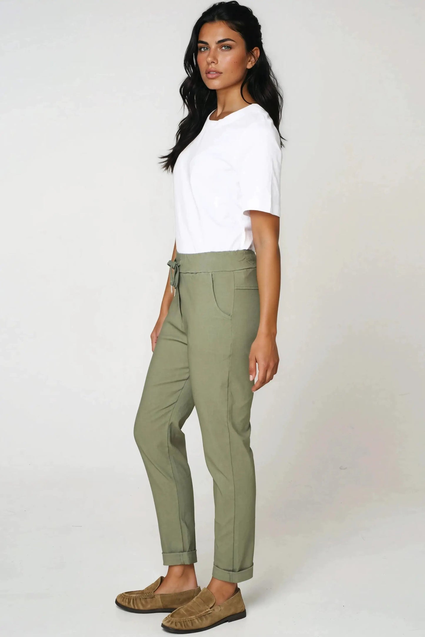 Khaki Stretch Drawstring Trousers by Aftershock London