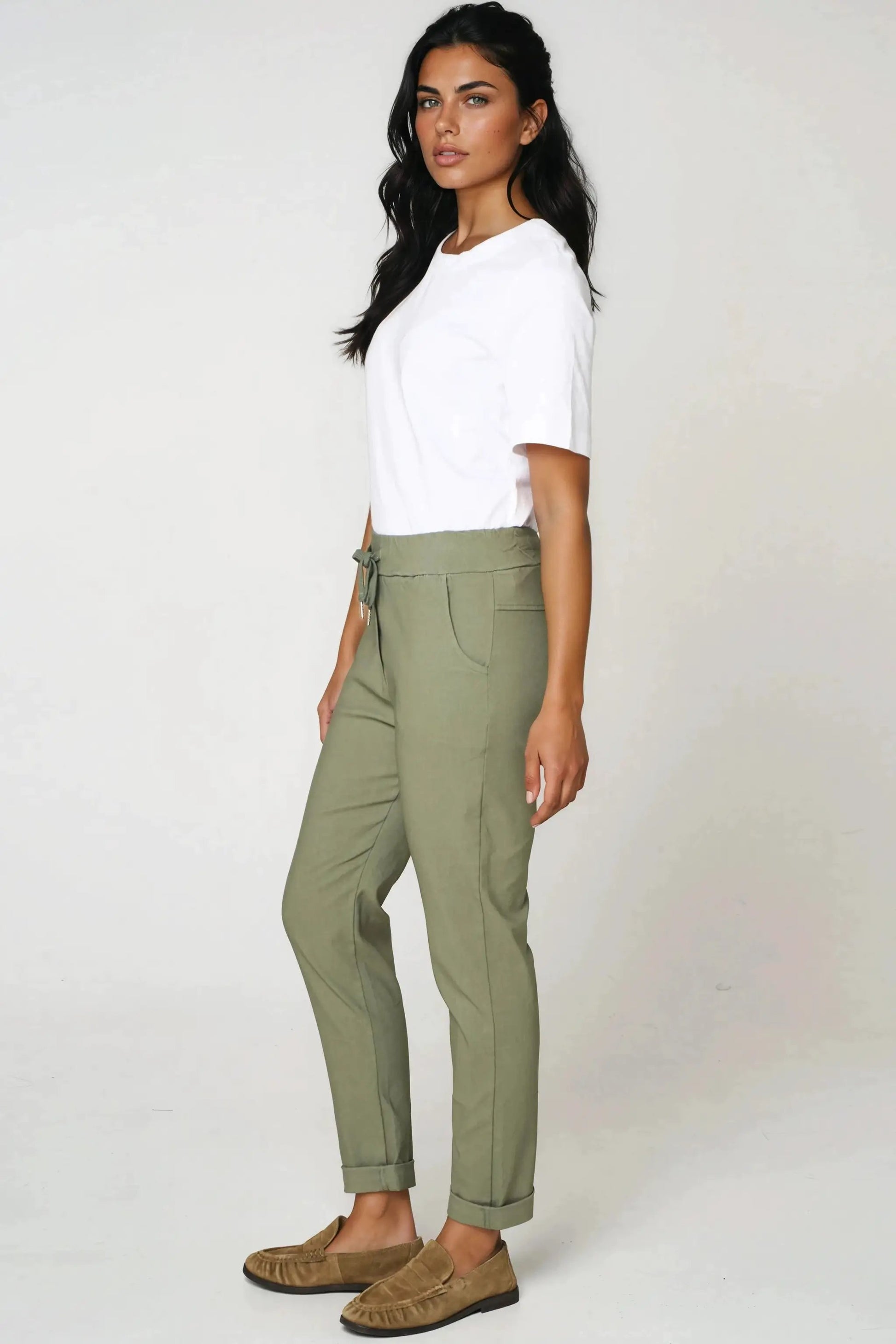 Khaki Stretch Drawstring Trousers by Aftershock London
