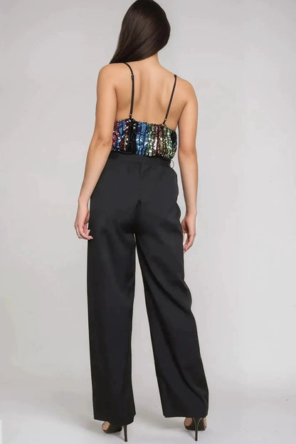 Black Combined Sequin Jumpsuit by Aftershock London
