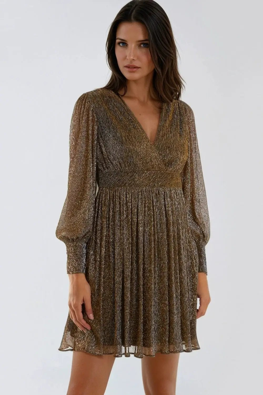 Gold Metallic V-Neck Mini Dress by Aftershock London