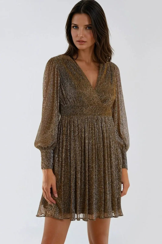 Gold Metallic V-Neck Mini Dress by Aftershock London