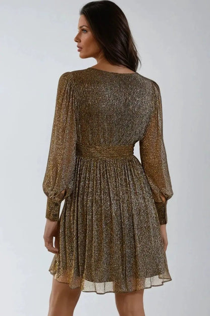 Gold Metallic V-Neck Mini Dress by Aftershock London
