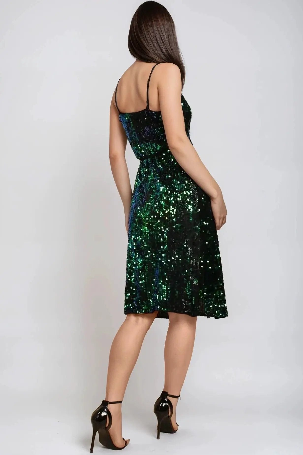 Green Sequin Velvet Wrap Dress by Aftershock London