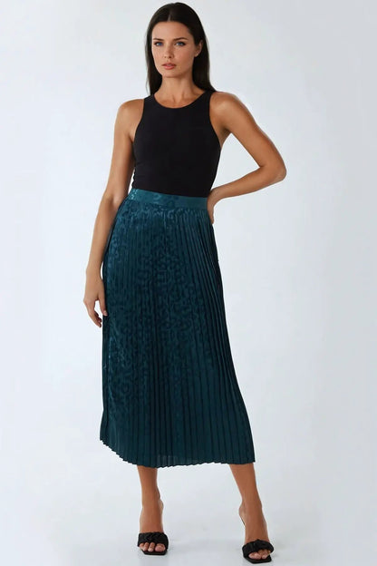 Green Leopard Print Pleated Midi Skirt by Aftershock London