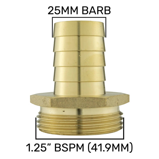 Brass 25mm Barbed Joiner with 1.25" BSP Male Thread by Costwise