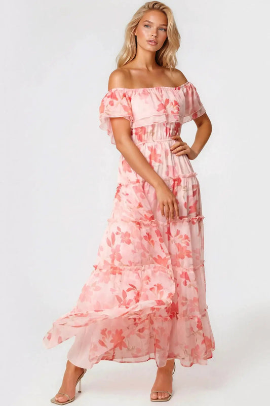 Pink Floral Bardot Tiered Maxi Dress by Aftershock London