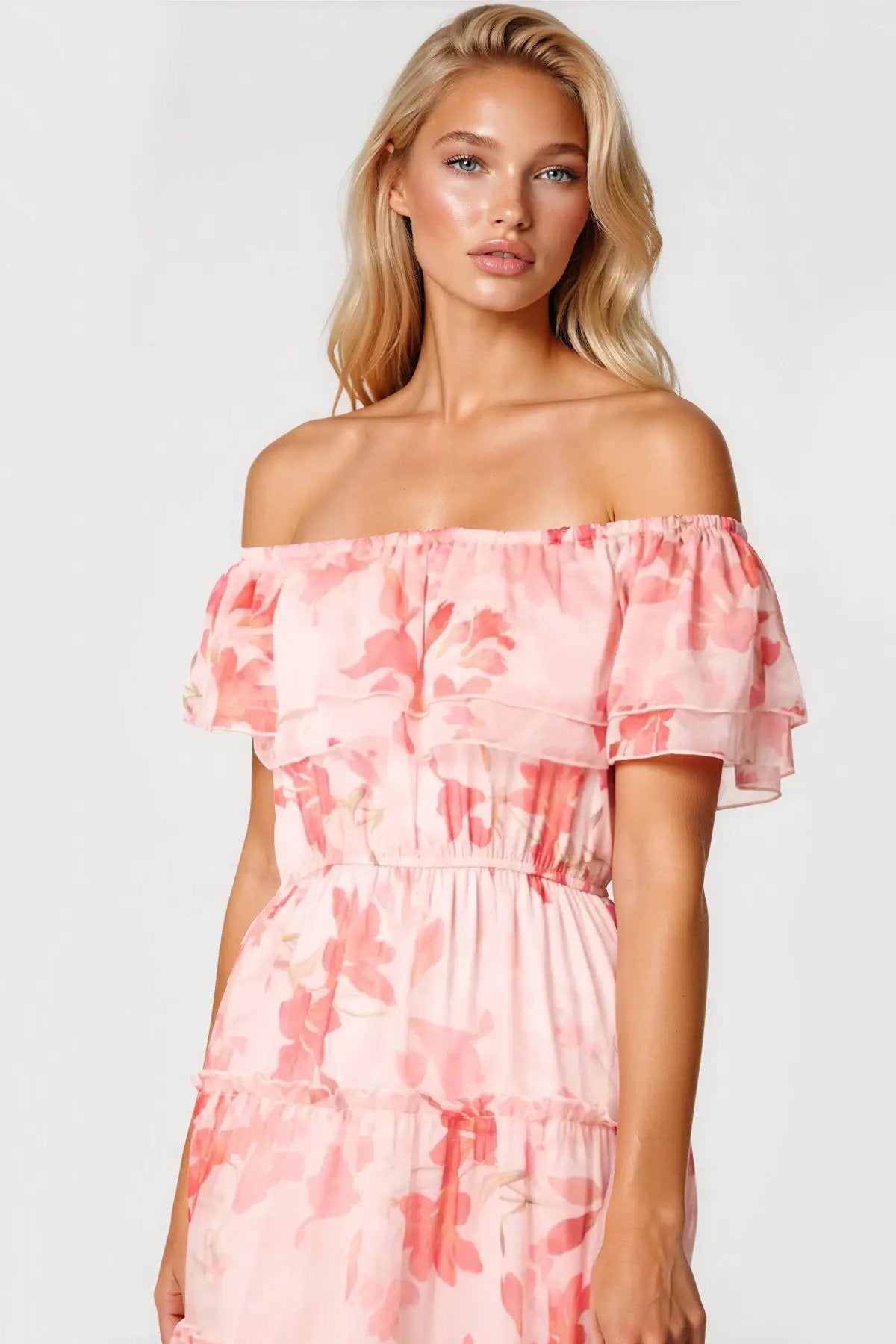Pink Floral Bardot Tiered Maxi Dress by Aftershock London