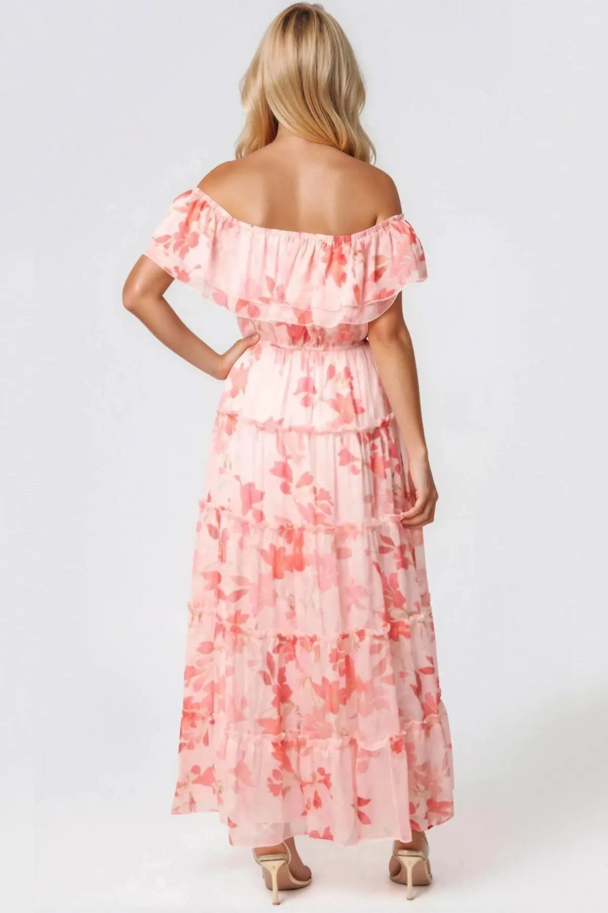 Pink Floral Bardot Tiered Maxi Dress by Aftershock London